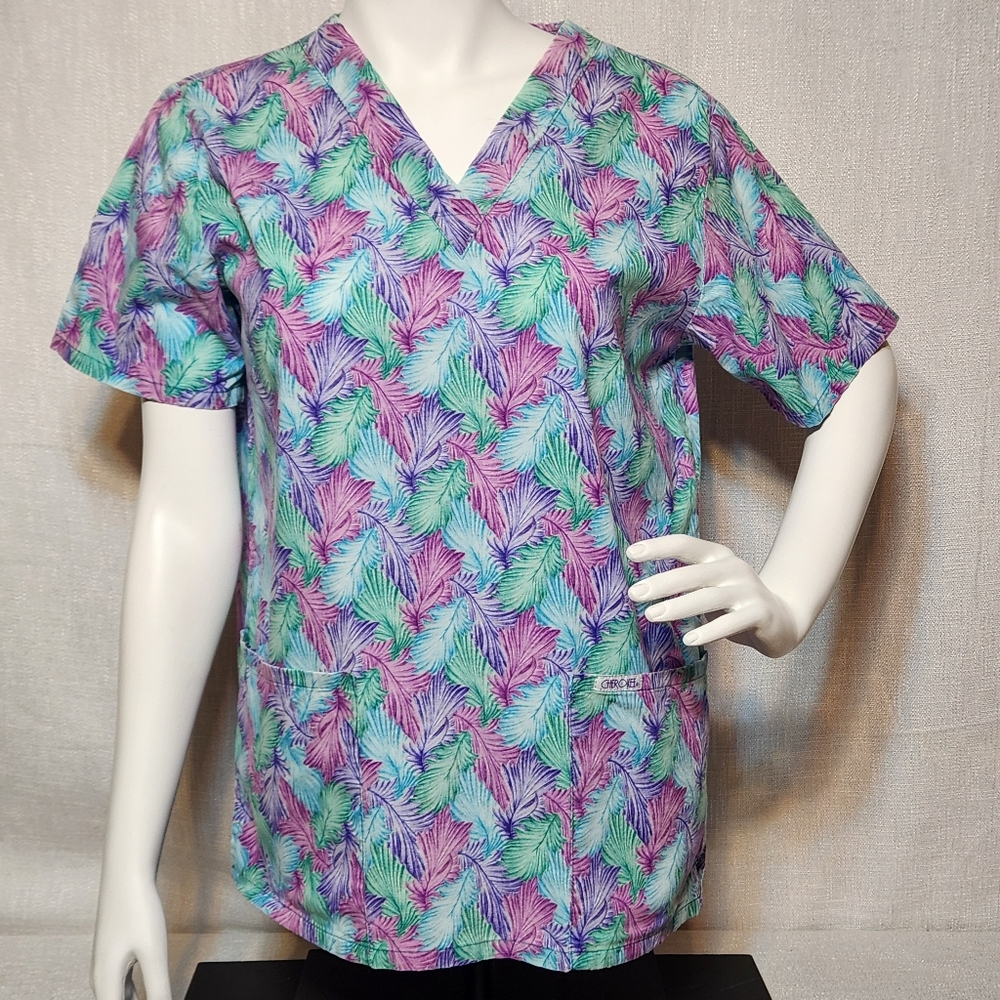 Cherokee Scrub Top Colorful Feather Pattern Pockets V Neck Large
